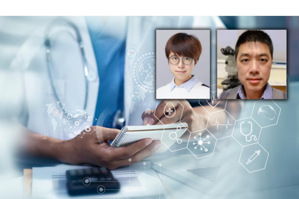 A closeup of a hand holding a notebook at a desk. There is a calculator next to the hand on the desk. There are headshots of Drs. Xiaoxiao Li and Gang Wang in the upper right corner.