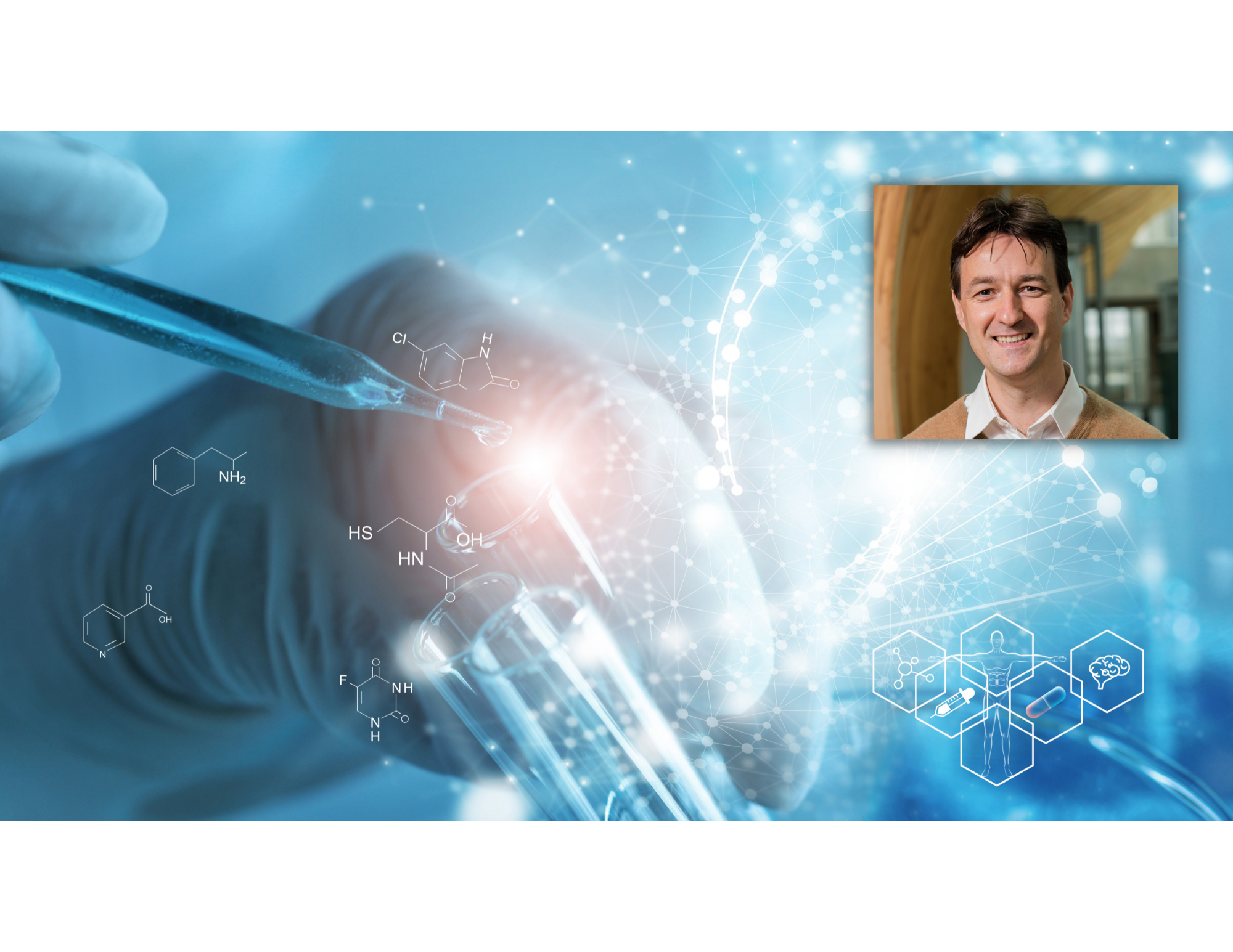 A closeup of a hand using a dropper to drop liquid into a test tube. There are chemical drawings overlayed on the image. In the upper right corner, a headshot of Dr. Joerg Gsponer.