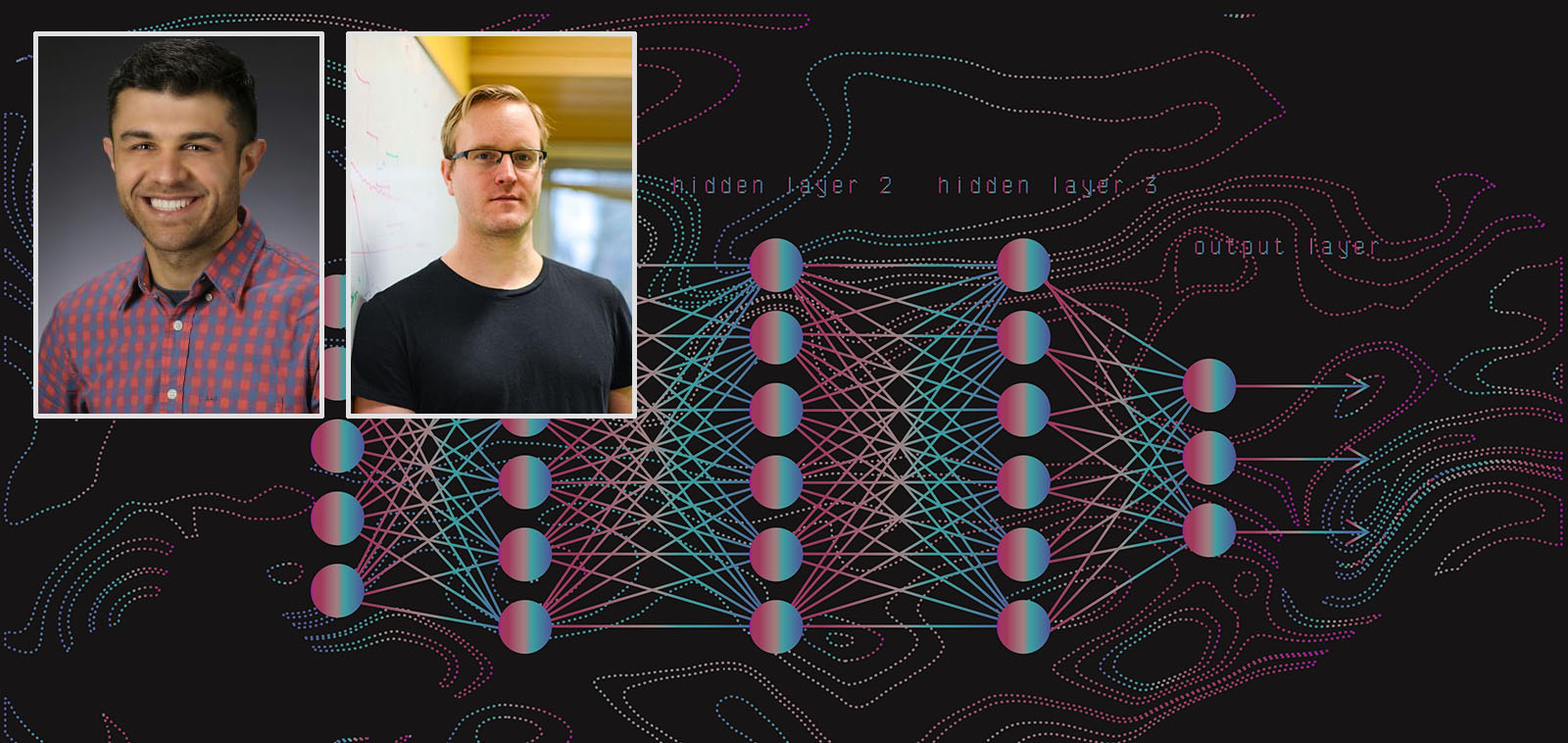 Researcher headshots overlayed on top of a graphic of nodes and lines.