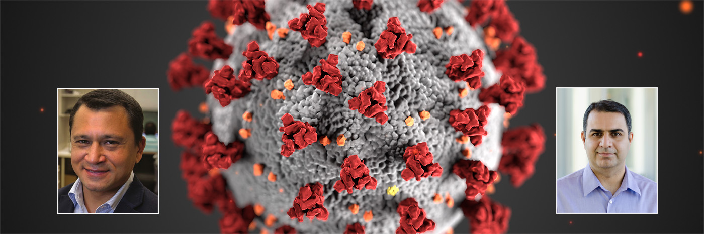 Researcher headshots overlaid on a visual mockup of covid