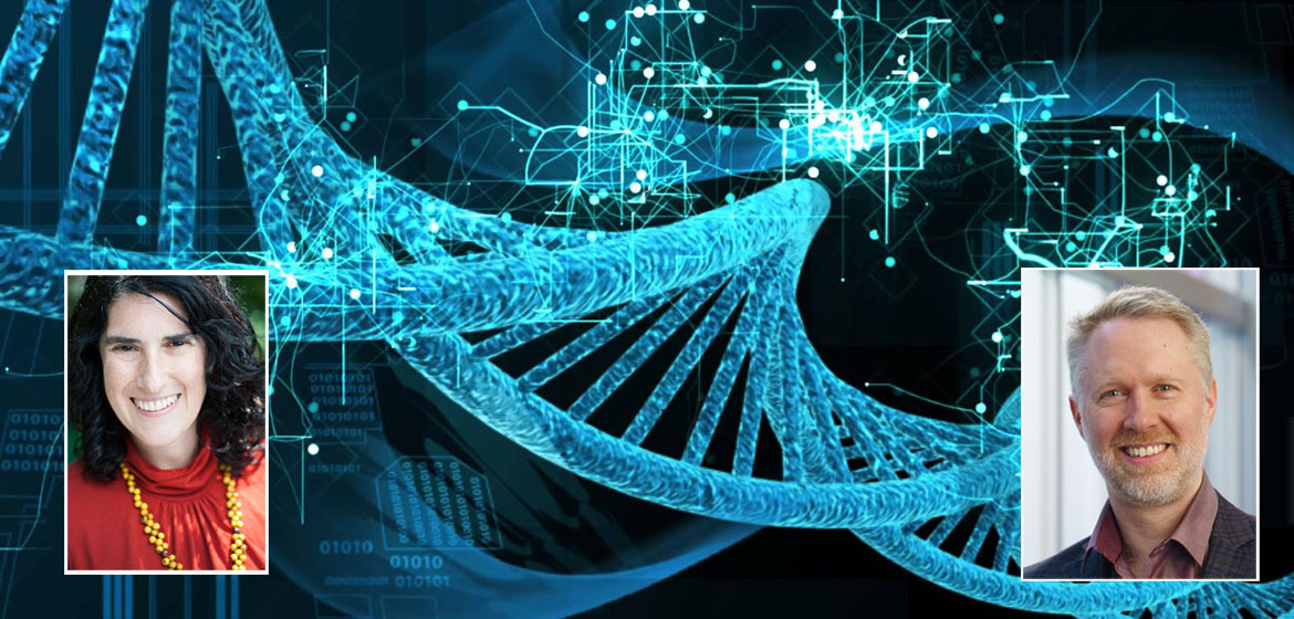 Researcher headshots overlaid on a dna helix drawing