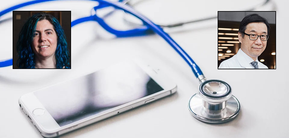 Researcher headshots overlaid on an image of an iphone 6 and a stethoscope 