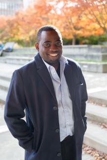 individual full-body photo shoot outside DSI building